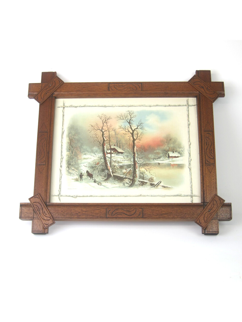 Antique Lithograph Art Print Snow Trees Pond Framed Gibson & Co Cincinnati 1880s